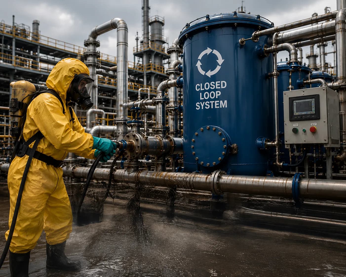 Petrolink technician in a chemical protective suit cleaning process piping at a refinery