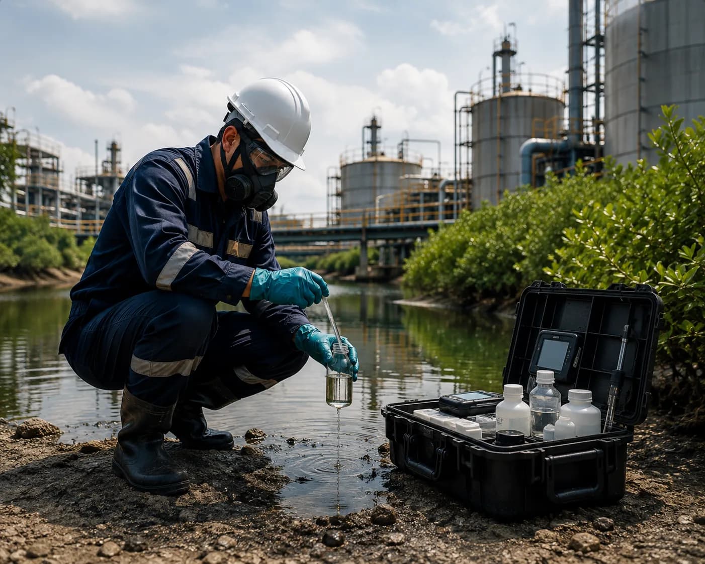 Petrolink technician taking a water sample beside a refinery for environmental monitoring