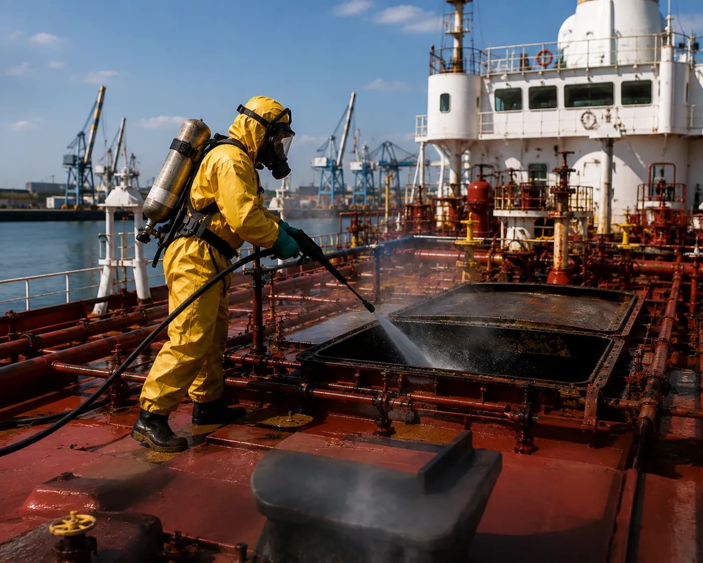 Petrolink technician jet-washing a cargo tank hatch on a vessel deck at port