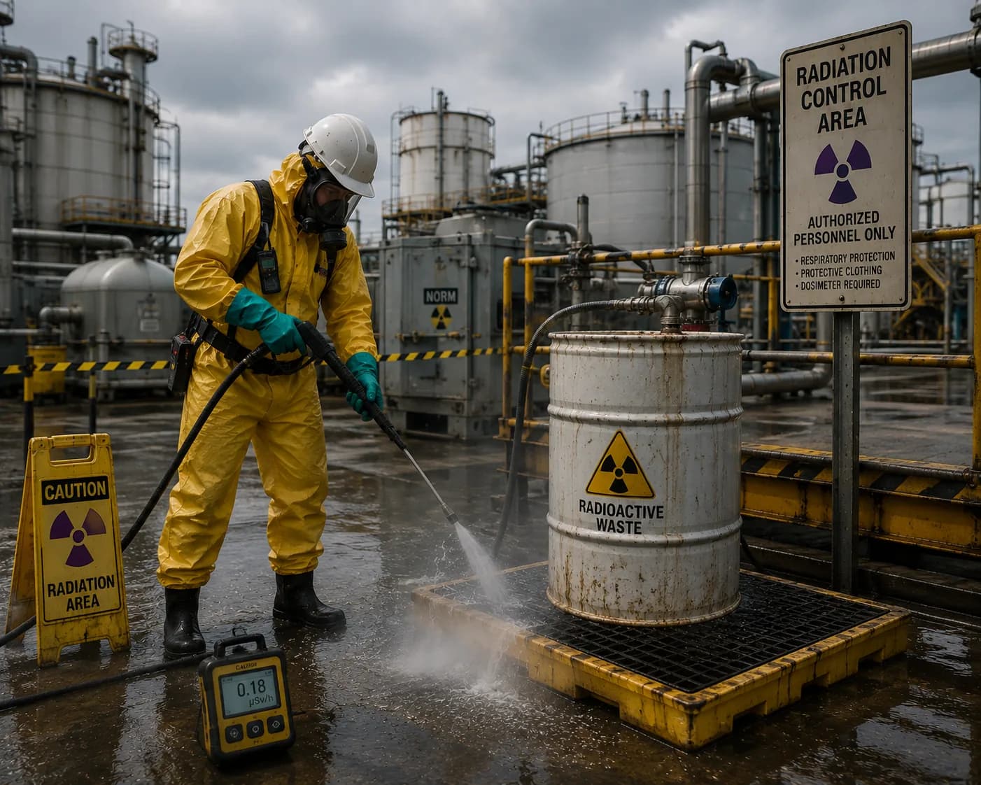 Petrolink specialist in protective suit decontaminating a NORM waste drum inside a radiation control area