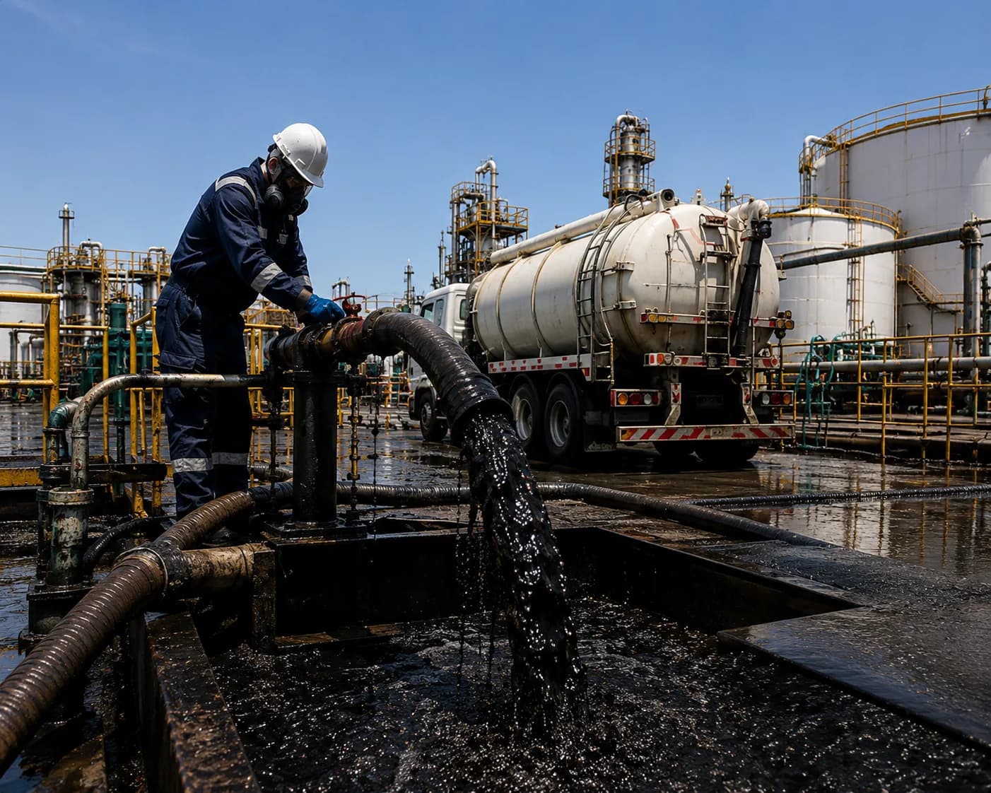 Petrolink operator discharging recovered crude oil sludge into a vacuum tanker at a tank farm