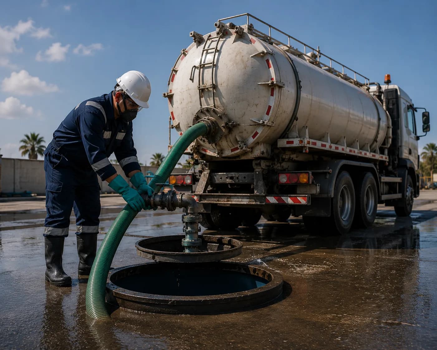 Petrolink operator pumping a septic tank into a vacuum tanker with a suction hose